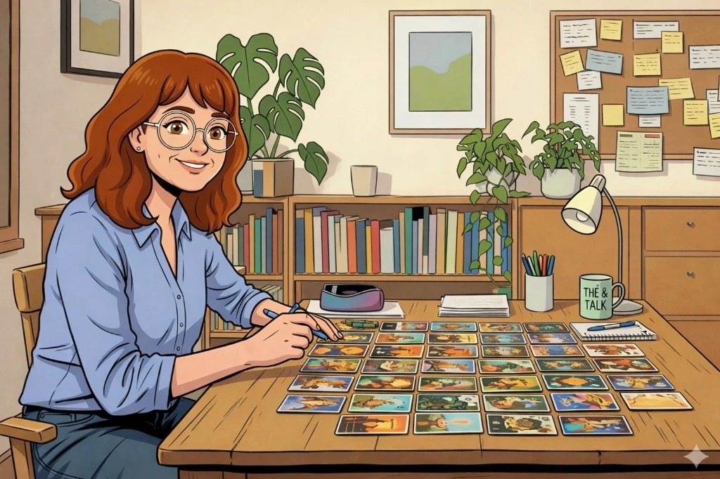 Illustration : séance d'orthopédagogie avec cartes pédagogiques et bureau organisé.